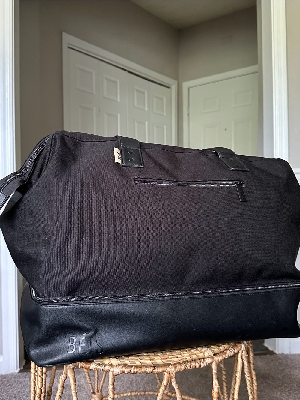 BEIS The Weekender Black Canvas and Vegan Leather Travel Duffel Bag